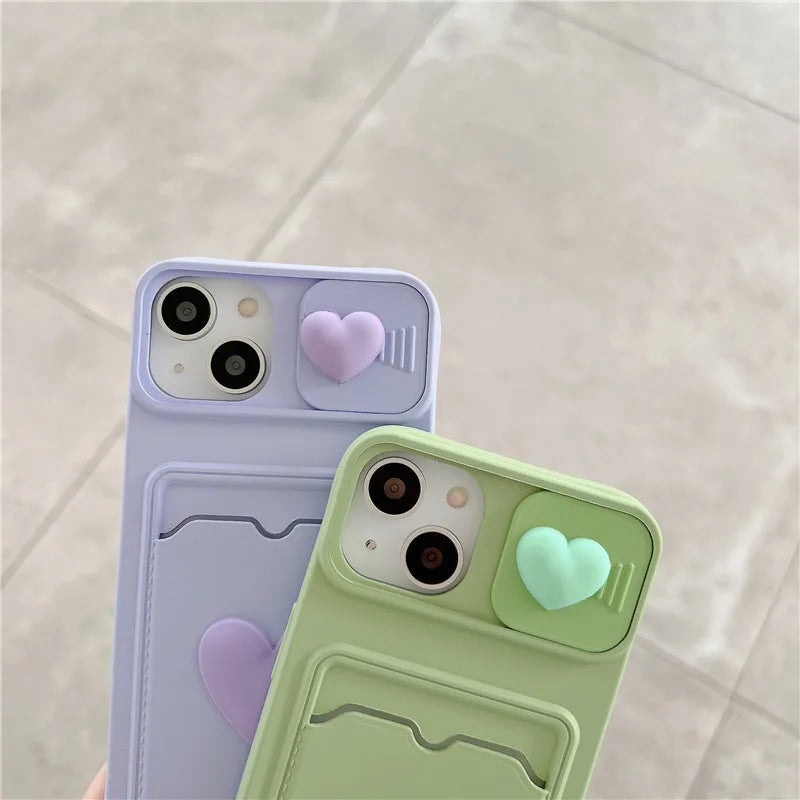 Cute Cartoons 3D Flower Love Heart Liquid Silicone Wallet Card Phone Case