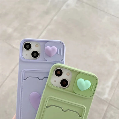 Cute Cartoons 3D Flower Love Heart Liquid Silicone Wallet Card Phone Case