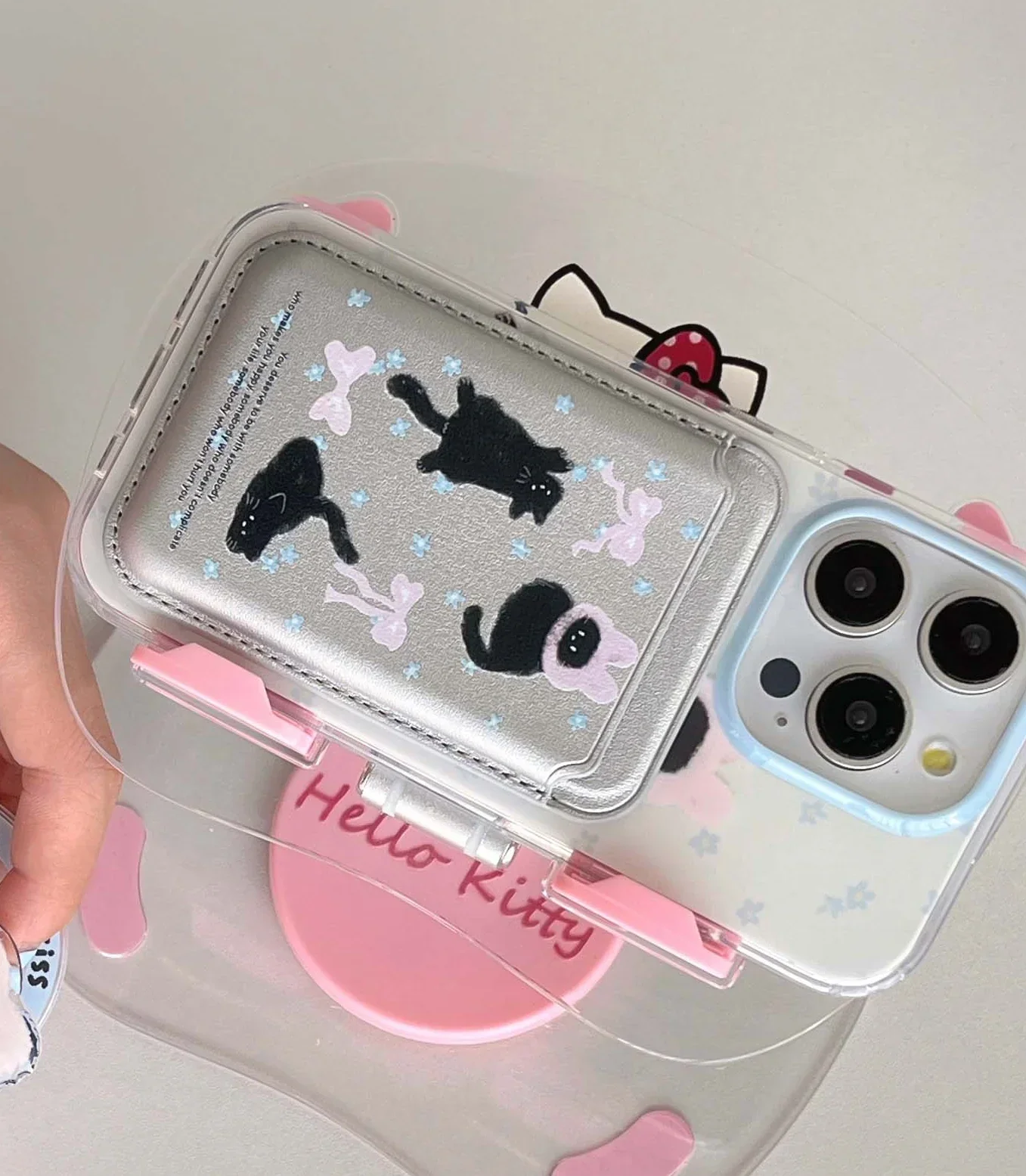 Cute Black Cat, Pink Bow, Blue Flower Magnetic Card Holder Phone Case