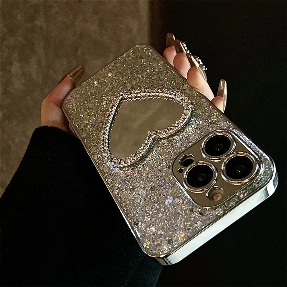 Bling Glitter Plating 3D Love Heart Mirror Phone Case