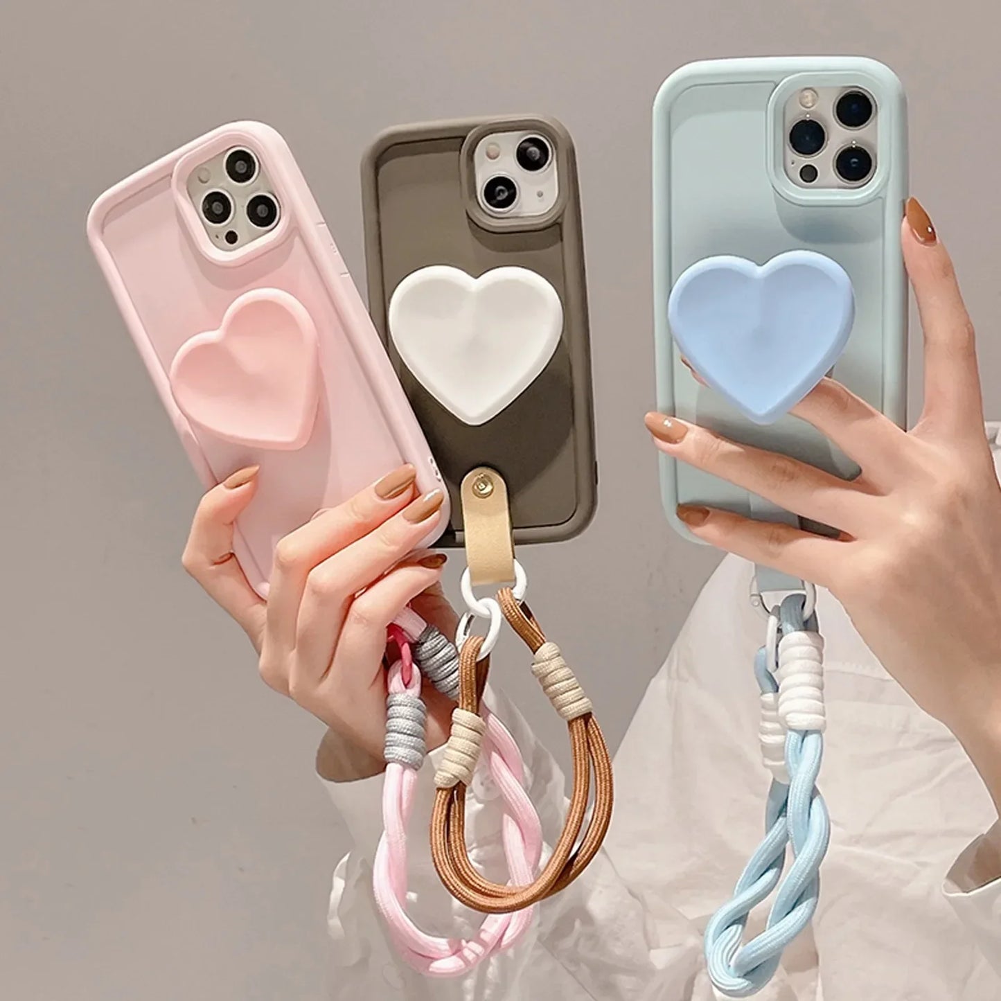 3D Cute Heart Anti-Lost Lanyard Chain Strap Holder Phone Case