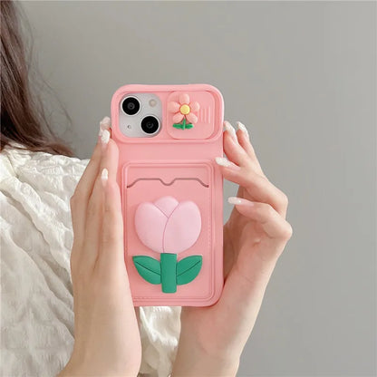 Cute Cartoons 3D Flower Love Heart Liquid Silicone Wallet Card Phone Case