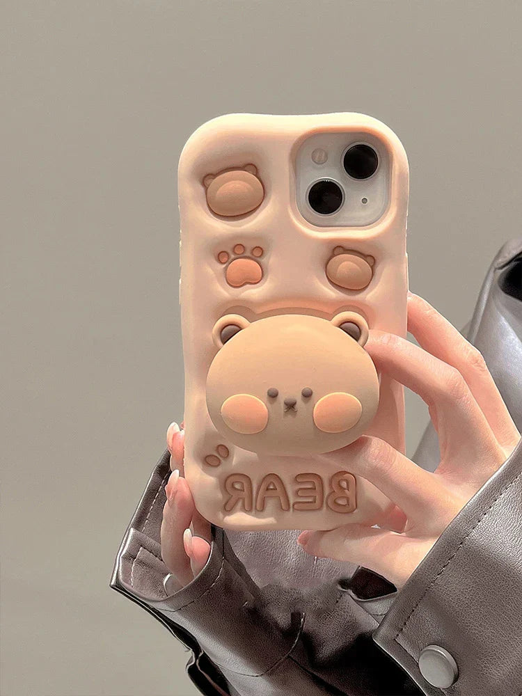 Lovely 3D Bear Hidden Holder Stand Silicone Phone Case