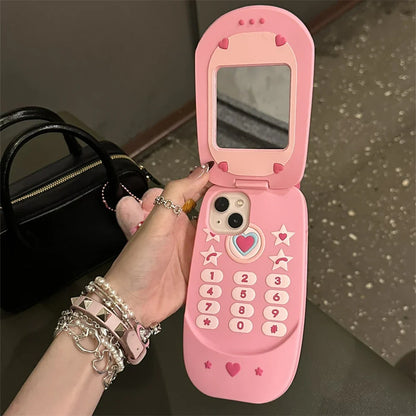Cute 3D Pink Cellphone Model Flip Mirror Silicone Phone Case