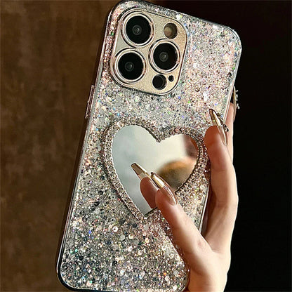 Bling Glitter Plating 3D Love Heart Mirror Phone Case