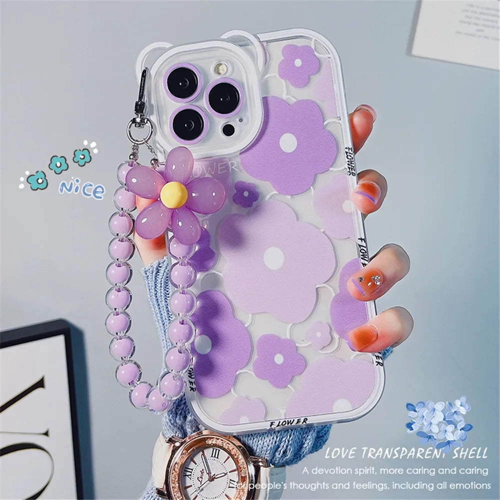 Cute 3D Bear Ear Flower Hang Phone Chain