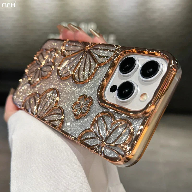 Flash Glitter Flowers Square Plating Frame Phone Case