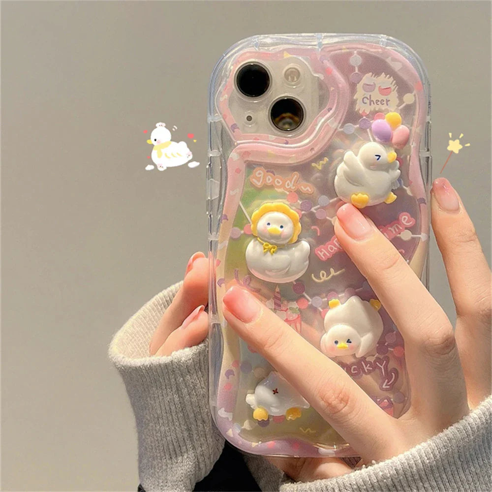 Cute 3D Cartoon Duck Cake Gradient Wave Border Silicone Phone Case
