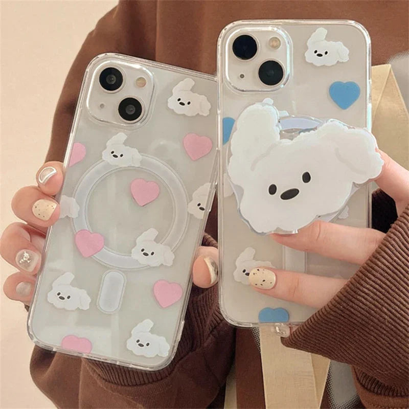 Cute Cartoon Love Puppy Transparent Magsafe Holder Phone Case