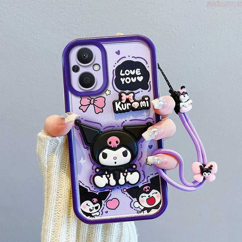 3D Cartoon Kuromi Strawberry Bear Wrist Strap Phone Case