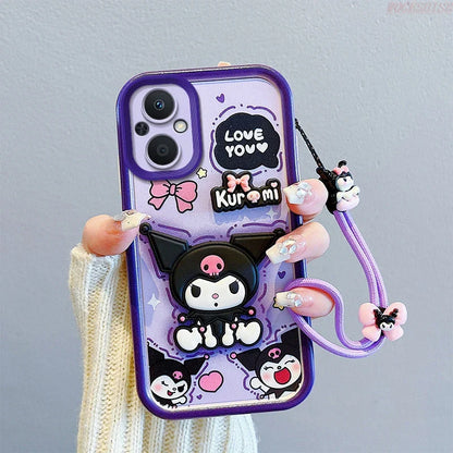 3D Cartoon Kuromi Strawberry Bear Wrist Strap Phone Case