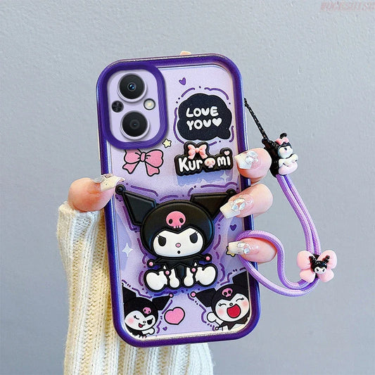 3D Cartoon Kuromi Strawberry Bear Wrist Strap Phone Case