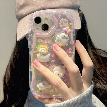 Cute 3D Cartoon Duck Cake Gradient Wave Border Silicone Phone Case
