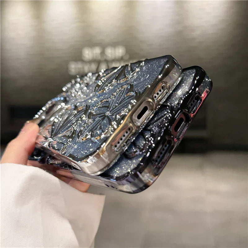 Flash Glitter Flowers Square Plating Frame Phone Case