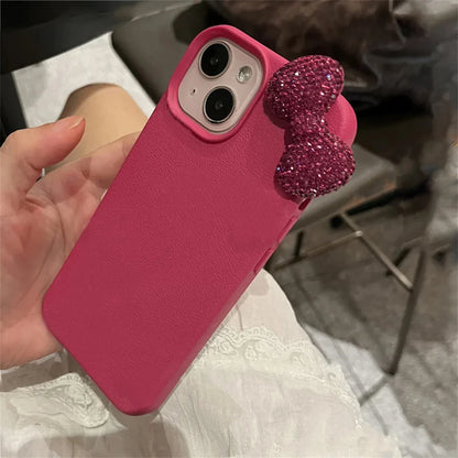 Rhinestone Bow Litchi Pattern Leather Phone Case