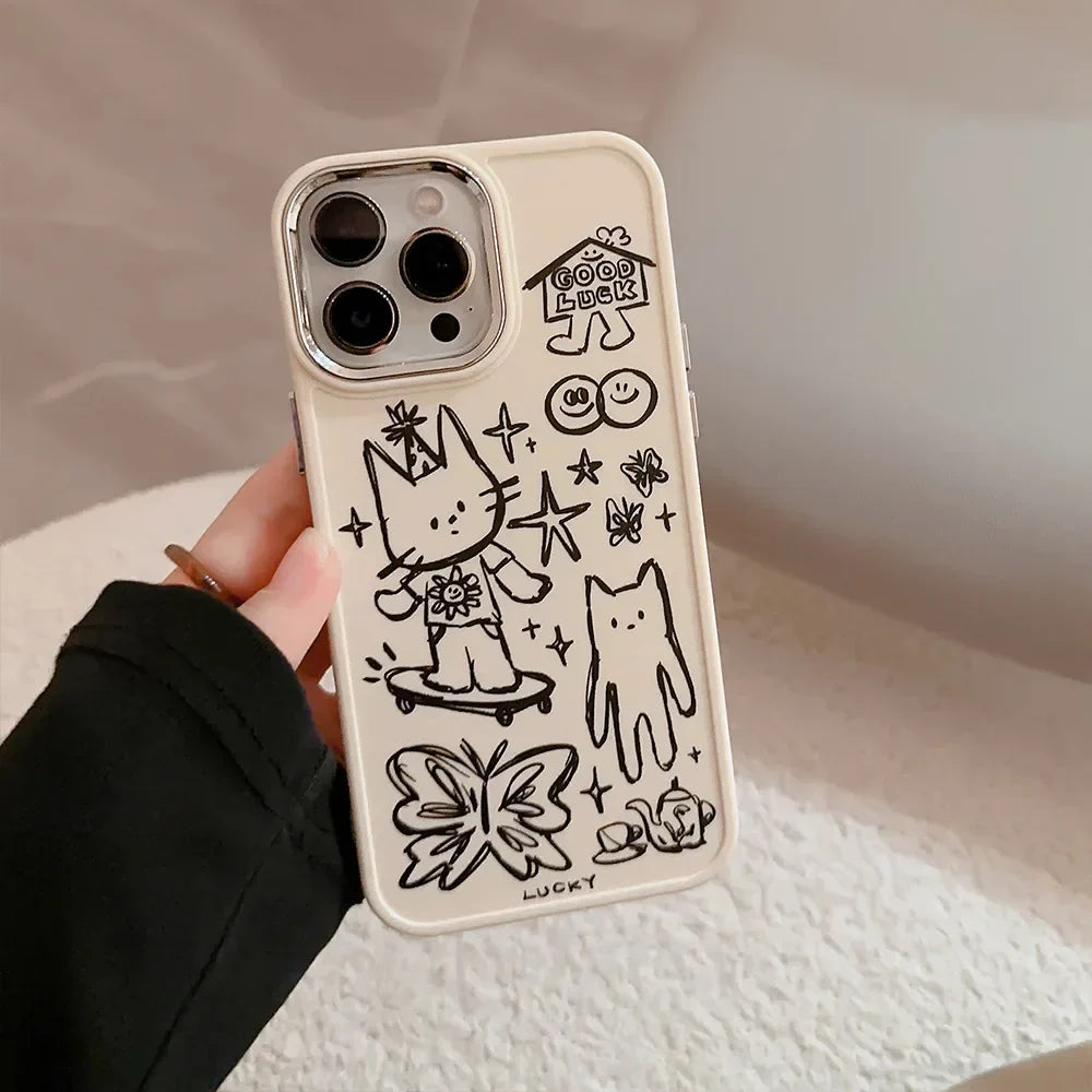 Cartoon Sketch Doodle Animal Lucky Cat Butterfly Phone Case