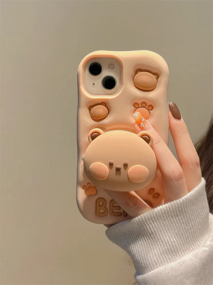 Lovely 3D Bear Hidden Holder Stand Silicone Phone Case