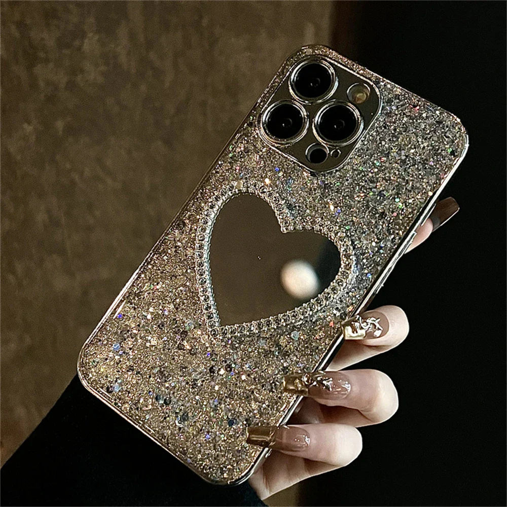 Bling Glitter Plating 3D Love Heart Mirror Phone Case
