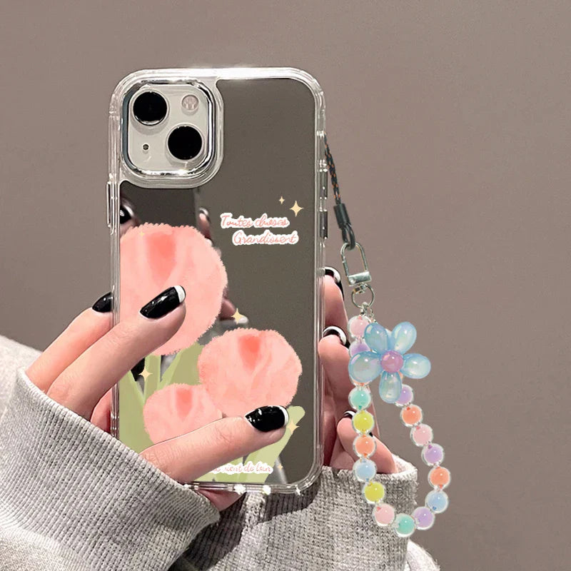 Sunflower Daisy Wrist Chain Lanyard Makeup Mirror Phone Case