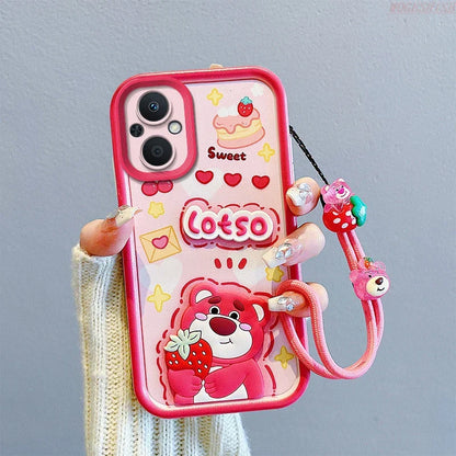 3D Cartoon Kuromi Strawberry Bear Wrist Strap Phone Case
