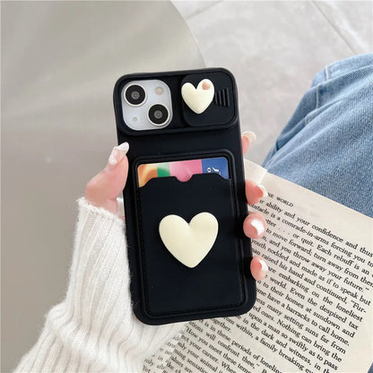 Cute Cartoons 3D Flower Love Heart Liquid Silicone Wallet Card Phone Case
