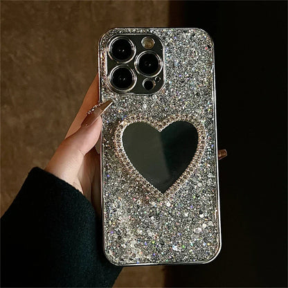 Bling Glitter Plating 3D Love Heart Mirror Phone Case