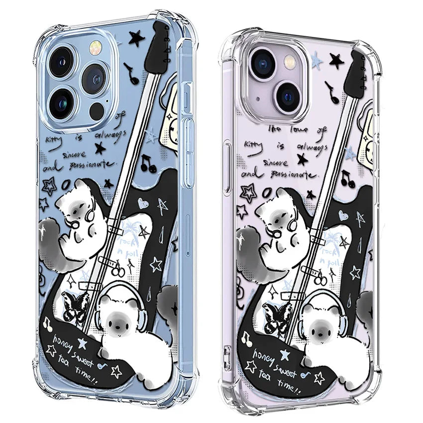 Black Guitar Music Cat Shockproof Phone Case