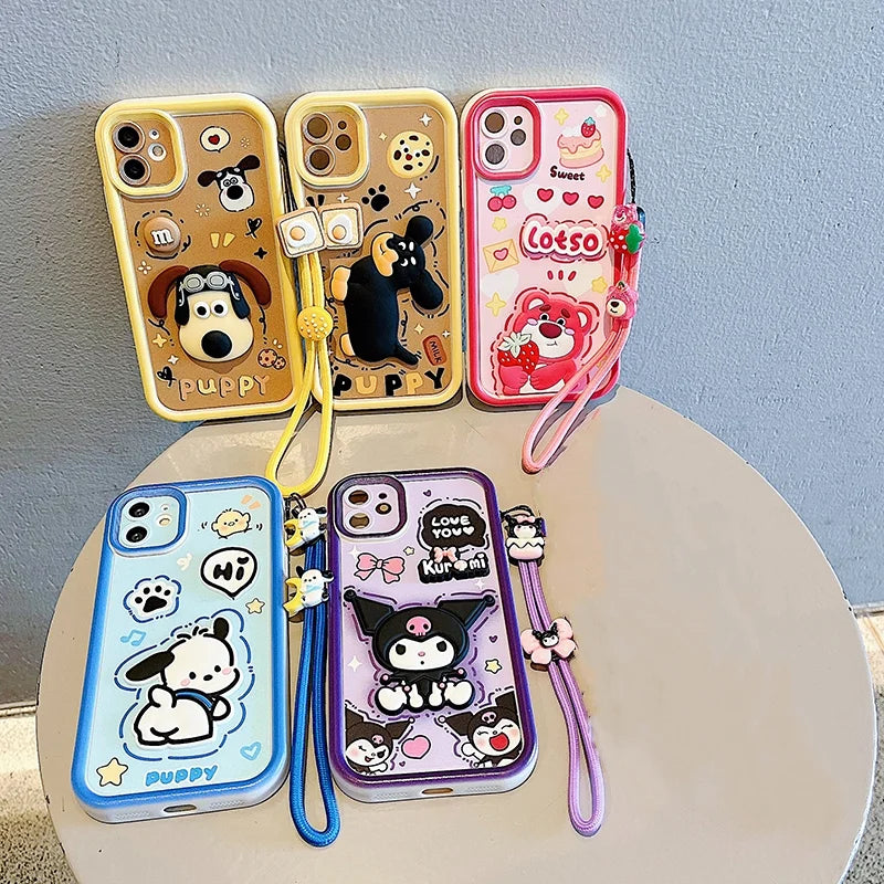3D Cartoon Kuromi Strawberry Bear Wrist Strap Phone Case